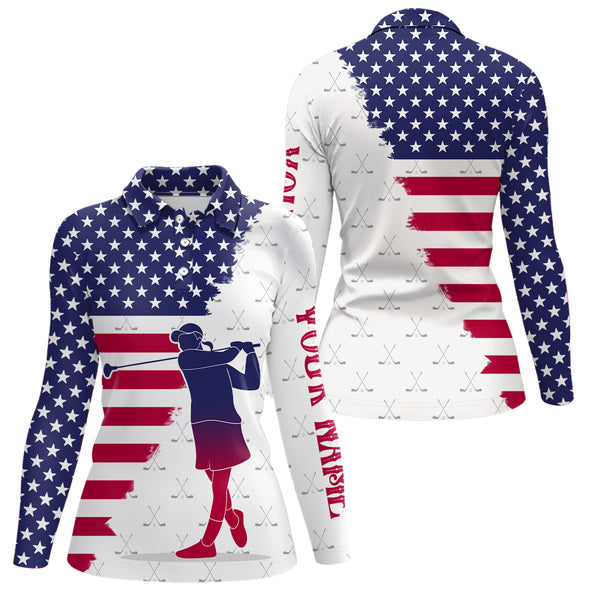 Red, White & Blue American Flag Women Golf Polo Shirts Custom patriotic golf attire for ladies NQS9203