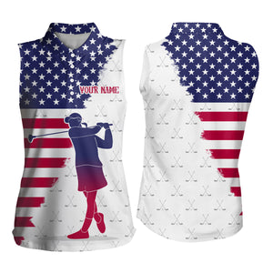 Red, White & Blue American Flag Women Sleeveless Polo Shirt Custom patriotic golf attire for ladies NQS9203