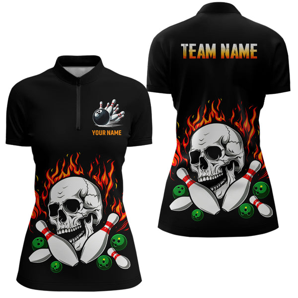 Flame Bowling skull Women bowling polo, quarter zip shirts Custom Team bowling Jerseys, bowling gifts NQS7649