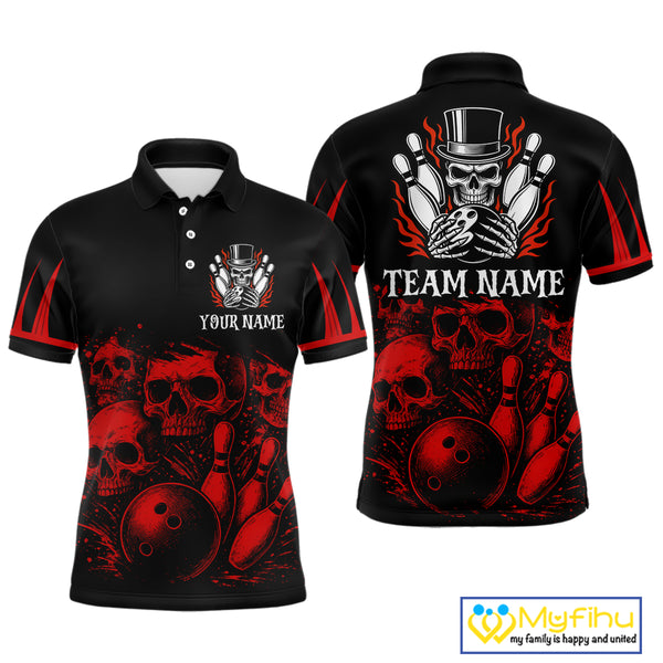 Black and Red Flame Skull Bowling Polo, Quarter Zip Shirts For Men Custom Skull Bowling Team Jerseys NQS9985