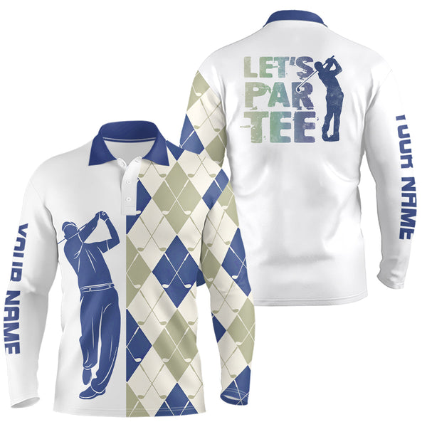 Blue and white golf shirt argyle pattern golf clubs custom name Mens golf polo shirt Let's par tee NQS8078