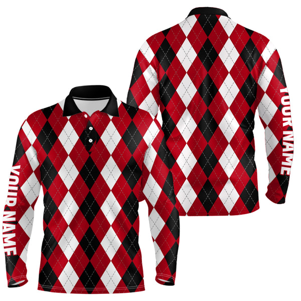 Mens golf polo shirts custom red argyle plaid pattern golf attire for men, golfing gifts NQS7696