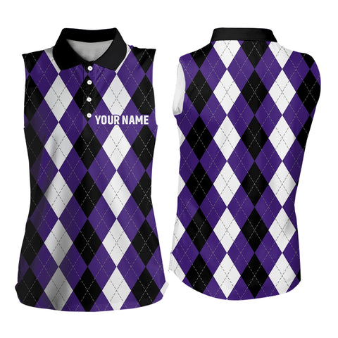 Women sleeveless polo shirt custom purple argyle plaid Halloween pattern golf attire for women NQS6246