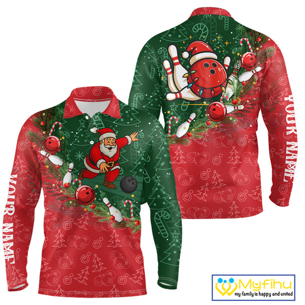 Christmas Santa Mens Bowling Polo, Quarter Zip Shirt Custom Christmas Team Bowling outfit For Men NQS10342