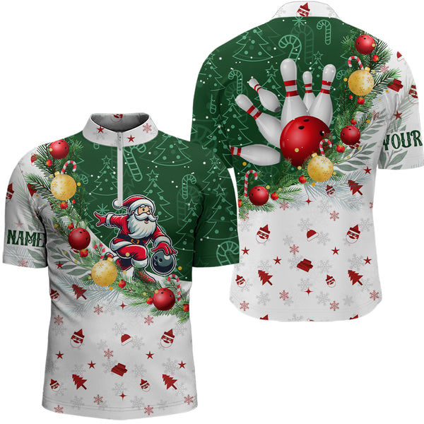 Christmas Santa Playing Bowling Mens Polo, Quarter Zip shirts Custom Christmas Team Bowling Jerseys NQS9068