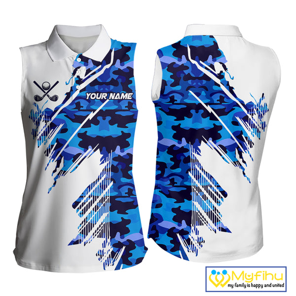 Personalized Women sleeveless golf polo shirt custom white and blue camo ladies golf apparel NQS10073