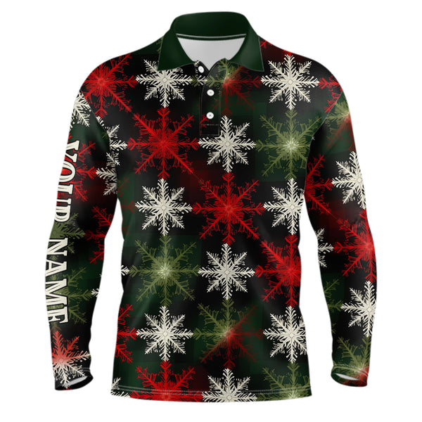 Mens golf polo shirt custom red green Christmas snowflake pattern, mens christmas golf shirts NQS6783