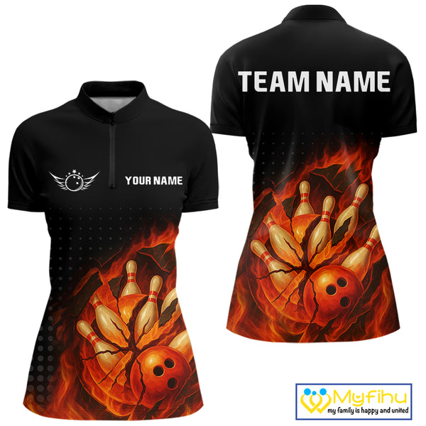 Flame Broken Bowling Ball and pins Bowling Shirt For Women Custom Flame Team Bowling Jerseys NQS10102
