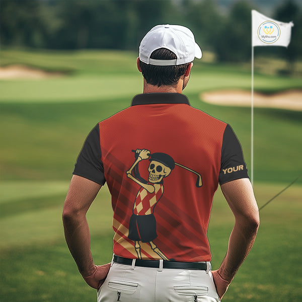 Funny argyle pattern Skull Golf Polo Shirts for men Custom mens golf attire, cool golf gifts | Red NQS10251