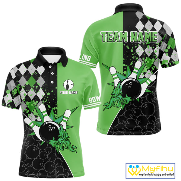 Custom Black and Green argyle pattern flame Bowling Team Jerseys, Bowling Polo, 1/4 Zip Shirt for Men NQS10450