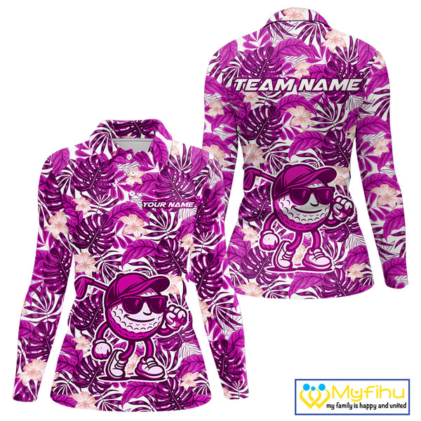 Pink tropical flower leaf pattern funny Golf polo shirts for Women Custom ladies golf outfits NQS10120
