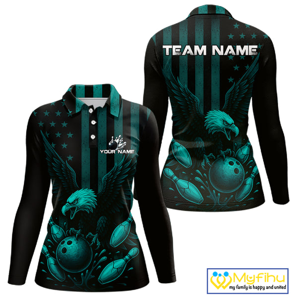 Black and Cyan Blue American Flag Eagle Bowling Shirt For Women Custom Patriotic Team bowling jerseys NQS10478