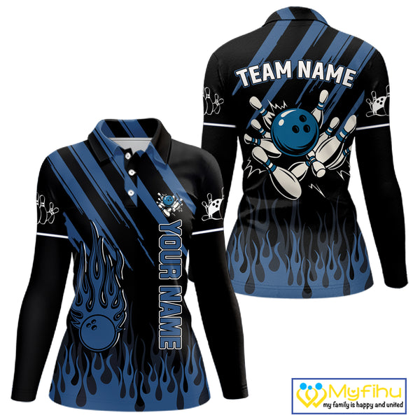 Black & Blue Flame Retro Bowling Polo, Quarter Zip Shirt for Women Custom Vintage Team Bowling Jersey NQS10504