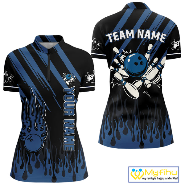 Black & Blue Flame Retro Bowling Polo, Quarter Zip Shirt for Women Custom Vintage Team Bowling Jersey NQS10504