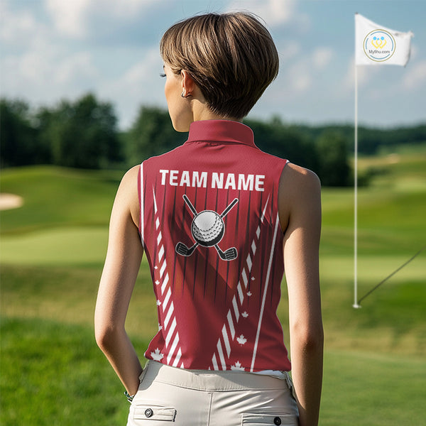 Red and White maple leaf Canadian Women sleeveless polo shirt Custom Patriotic Golf attire For ladies NQS10185