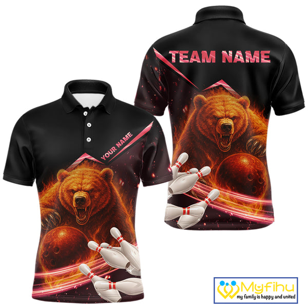 Custom Flame Bear Bowling Team Polo, Quarter zip Shirts For Men, Team Bowling Uniform NQS10321