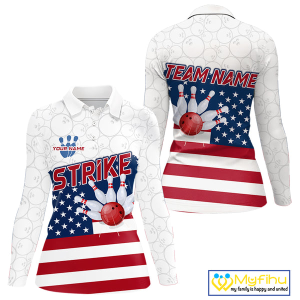 Personalized American Flag Strike Women Bowling Polo, 1/4 Zip Shirts, Patriotic Bowling Team Jersey NQS10345