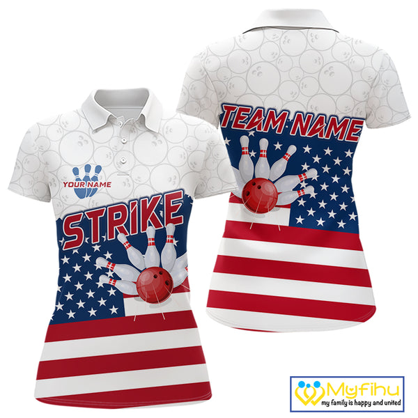 Personalized American Flag Strike Women Bowling Polo, 1/4 Zip Shirts, Patriotic Bowling Team Jersey NQS10345