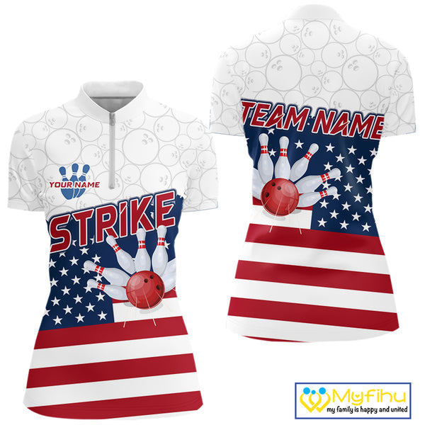 Personalized American Flag Strike Women Bowling Polo, 1/4 Zip Shirts, Patriotic Bowling Team Jersey NQS10345