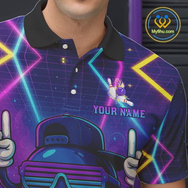 Purple neon stage funny Bowling polo, quarter zip shirts for Men Custom funny bowling team shirts NQS10299