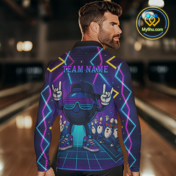 Purple neon stage funny Bowling polo, quarter zip shirts for Men Custom funny bowling team shirts NQS10299