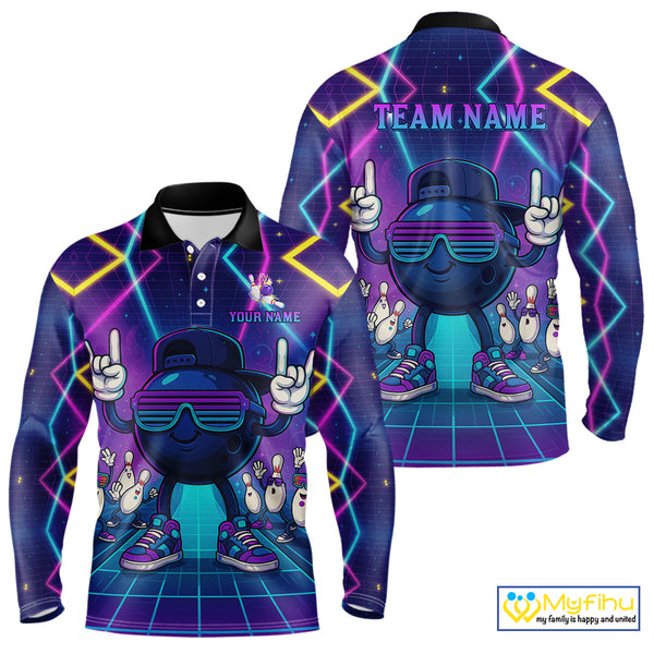 Purple neon stage funny Bowling polo, quarter zip shirts for Men Custom funny bowling team shirts NQS10299