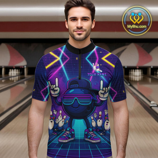 Purple neon stage funny Bowling polo, quarter zip shirts for Men Custom funny bowling team shirts NQS10299