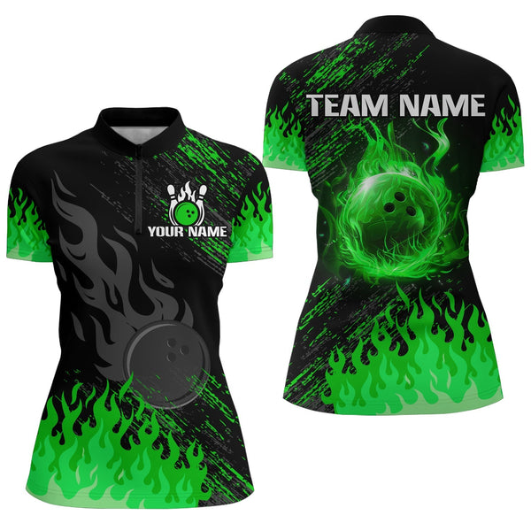 Personalized black and green Flame bowling Polo, Quarter Zip shirts for Women, custom bowling jerseys NQS8292