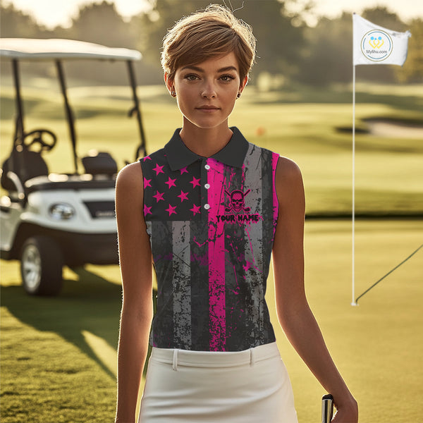 Custom Pink Grunge American Flag Patriotic Skull Sleeveless Golf Polo Shirt, Retro Golf top NQS10482