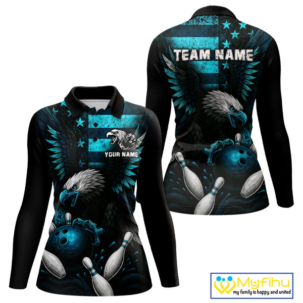 Custom Turquoise Vintage Us Flag Patriotic Eagle Bowling Shirt For Women, Retro Bowling Team Jerseys NQS10477
