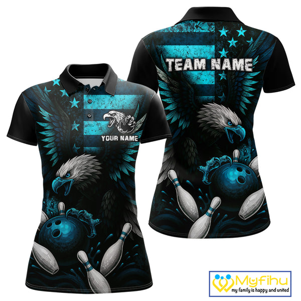 Custom Turquoise Vintage Us Flag Patriotic Eagle Bowling Shirt For Women, Retro Bowling Team Jerseys NQS10477