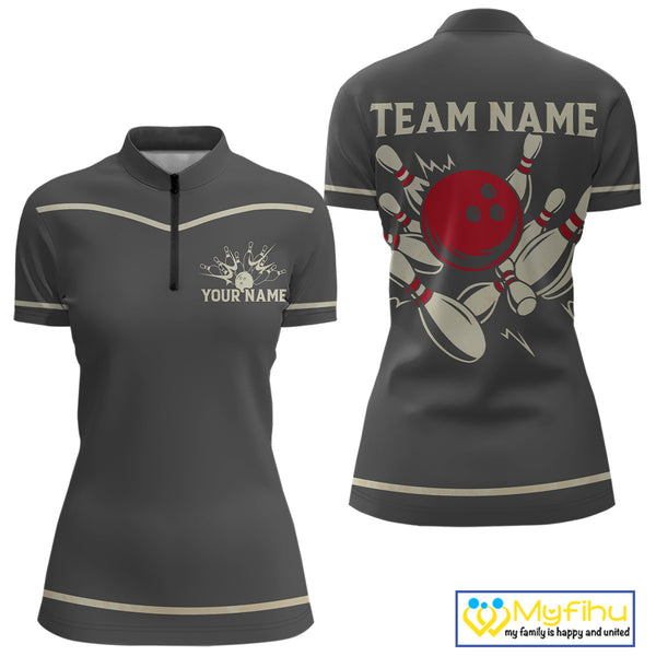 Custom Retro Bowling Polo, Quarter Zip Shirt for Women Personalized Vintage Team Bowling Jersey NQS10505
