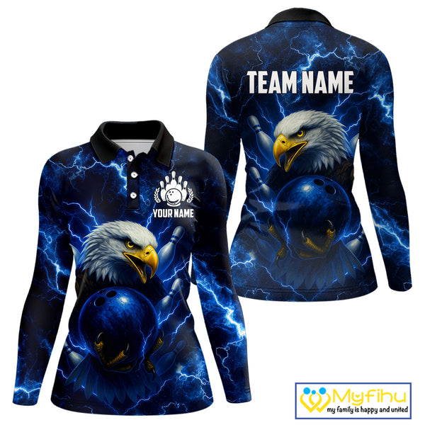 Womens bowling shirts Custom Eagle blue lightning thunder Bowling Team Jersey, gift for Bowlers NQS10336