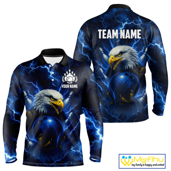 Mens bowling shirts Custom Eagle blue lightning thunder Bowling Team Jersey, gift for Bowlers NQS10336
