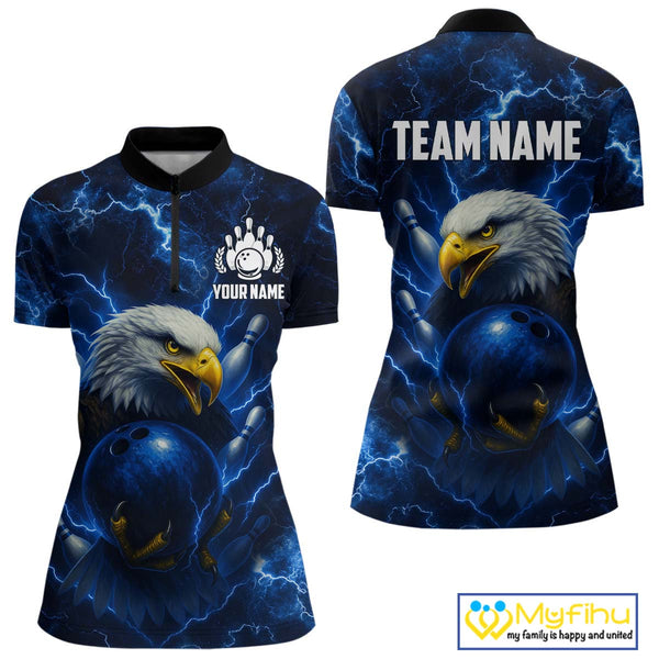 Womens bowling shirts Custom Eagle blue lightning thunder Bowling Team Jersey, gift for Bowlers NQS10336