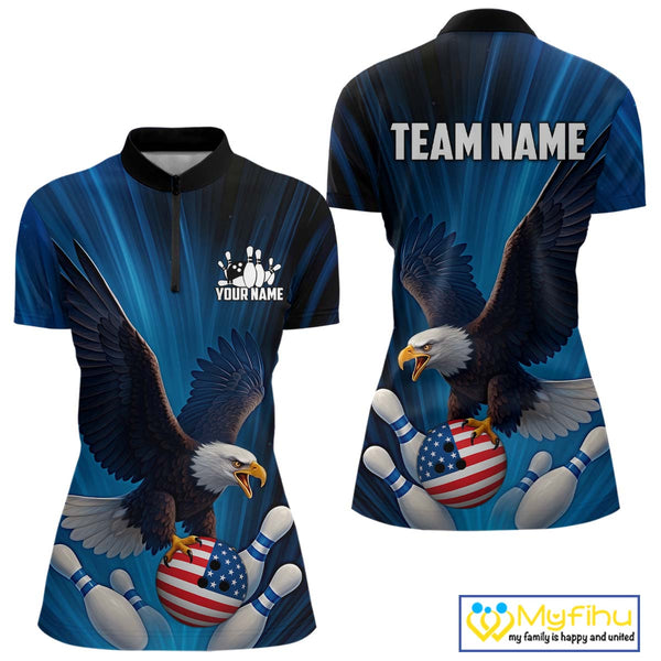 Blue Light Eagle American Flag Women Bowling Polo, 1/4 Zip Shirt Custom Patriotic Team Bowling jersey NQS10350