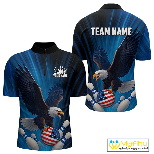 Blue Light Eagle American Flag Men's Bowling Polo, 1/4 Zip Shirt Custom Patriotic Team Bowling jersey NQS10350