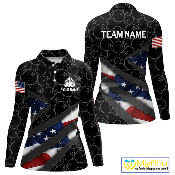American Flag Women Bowling Shirt Custom Bowling Jersey for Team Patriotic Bowler Polo, 1/4 zip Shirt NQS10427