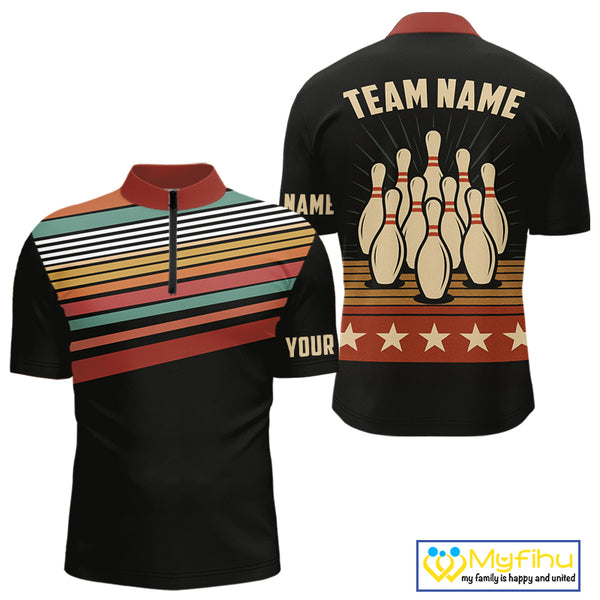 Retro Bowling Polo, Quarter Zip Shirt for Men Custom Vintage Team Bowling Jersey, Gift For Bowlers NQS10567