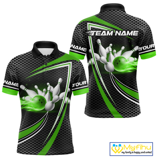 Black and Green Flame Bowling Shirts For Men Custom Team Bowling Jersey, Gift For Bowlers NQS10858