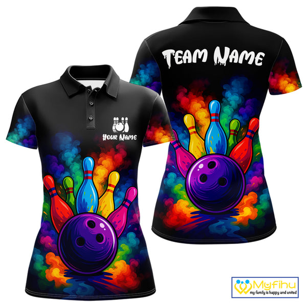 Custom Colorful Smoke Bowling Polo, Quarter Zip Shirt for Women, Bowling Uniform Team Bowling Jerseys NQS10647
