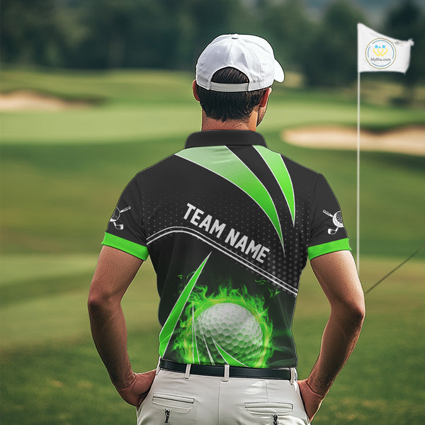 Black and Green Fire golf ball custom Men golf polo shirts, personalized golf outfits for team men NQS10123