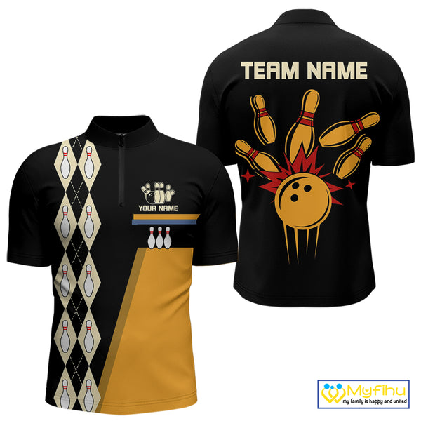 Black and Yellow Retro Bowling Polo, Quarter Zip shirt for Men Custom vintage team bowling jersey NQS10707