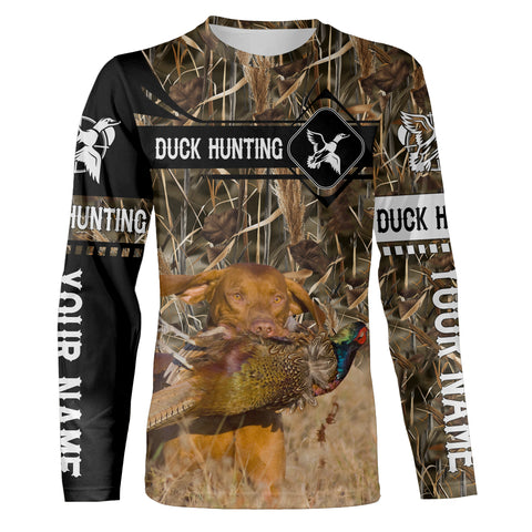 Pheasant Hunting with Vizsla dog waterfowl camo Shirts, Personalized Duck Hunting Gifts FSD3728