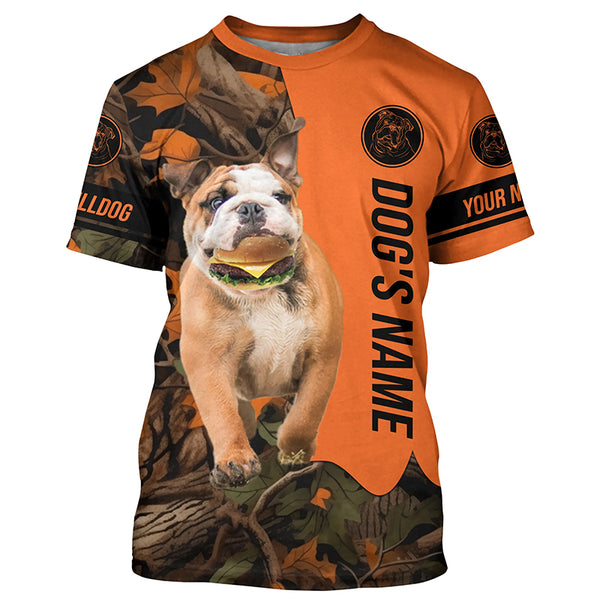 Funny English Bulldog with a Cheeseburger in mouth customize name All over print Shirt, Hoodie FSD4208