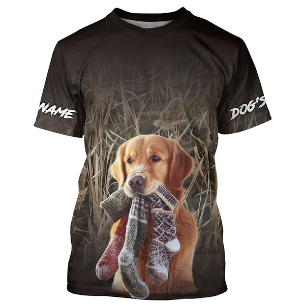 Golden Retriever with stockings in mouth waterfowl camo Custom Name Shirts, personalized gifts FSD4620