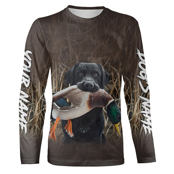 Duck Hunting with Dog Black Labrador Waterfowl Camo Custom Name Shirts, Duck Hunting Clothes FSD4536