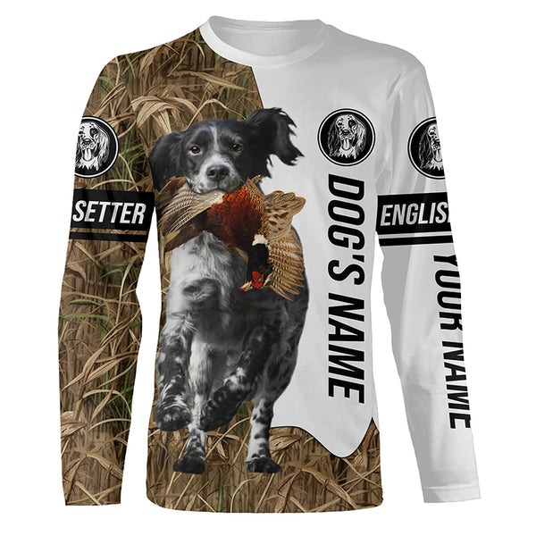 Pheasant Hunting with Llewellin English Setter Dog (Blue belton) Custom Name Camo Full Printing Shirts, Hoodie FSD2684