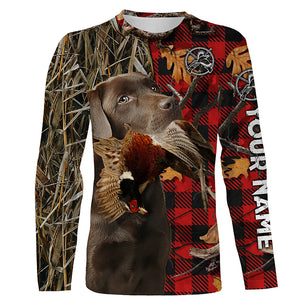 Chocolate Labrador Pheasant Hunting Dog Red Plaid Camo Custom Name Shirt, Christmas Gifts for Hunters FSD4239