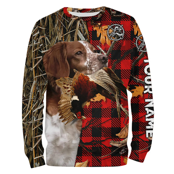 Brittany Pheasant Hunting Dog Red Plaid Camo Custom Name Shirt, Christmas Gifts for Hunters FSD4240